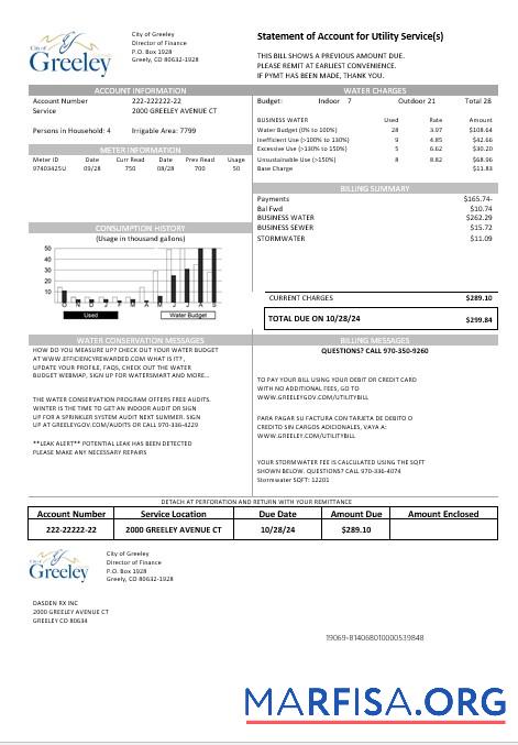 Realistic USA Colorado City of Greeley water business utility bill template in Word and PDF formats